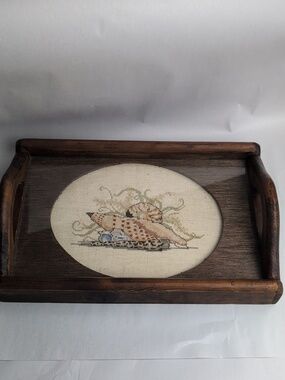 Vintage Wooden Serving Tray with Seashell Cross-Stitch Accent - Brown